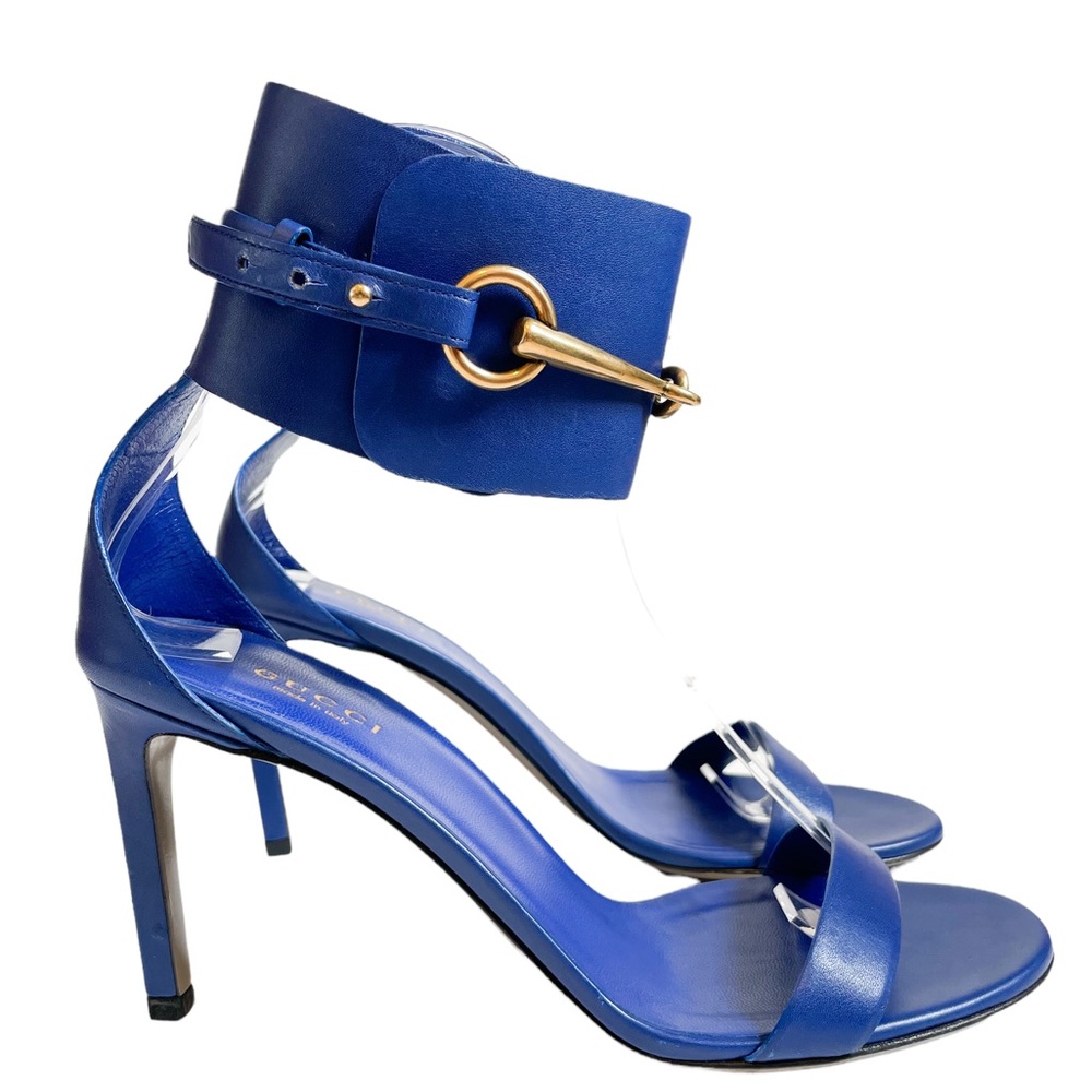 Gucci Horsebit Ursula Blue Ankle Wrap High Heel Open Toe Sandal EU 37